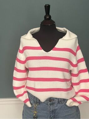 Striped White and Pink V-Neck Women's Sweater